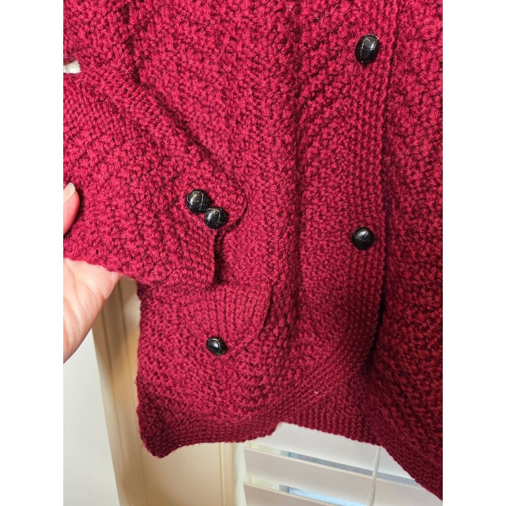 VTG Womens Red 100% Wool Shawl Cardigan Sweater L peplum chunky Academia classic - Picture 6 of 11